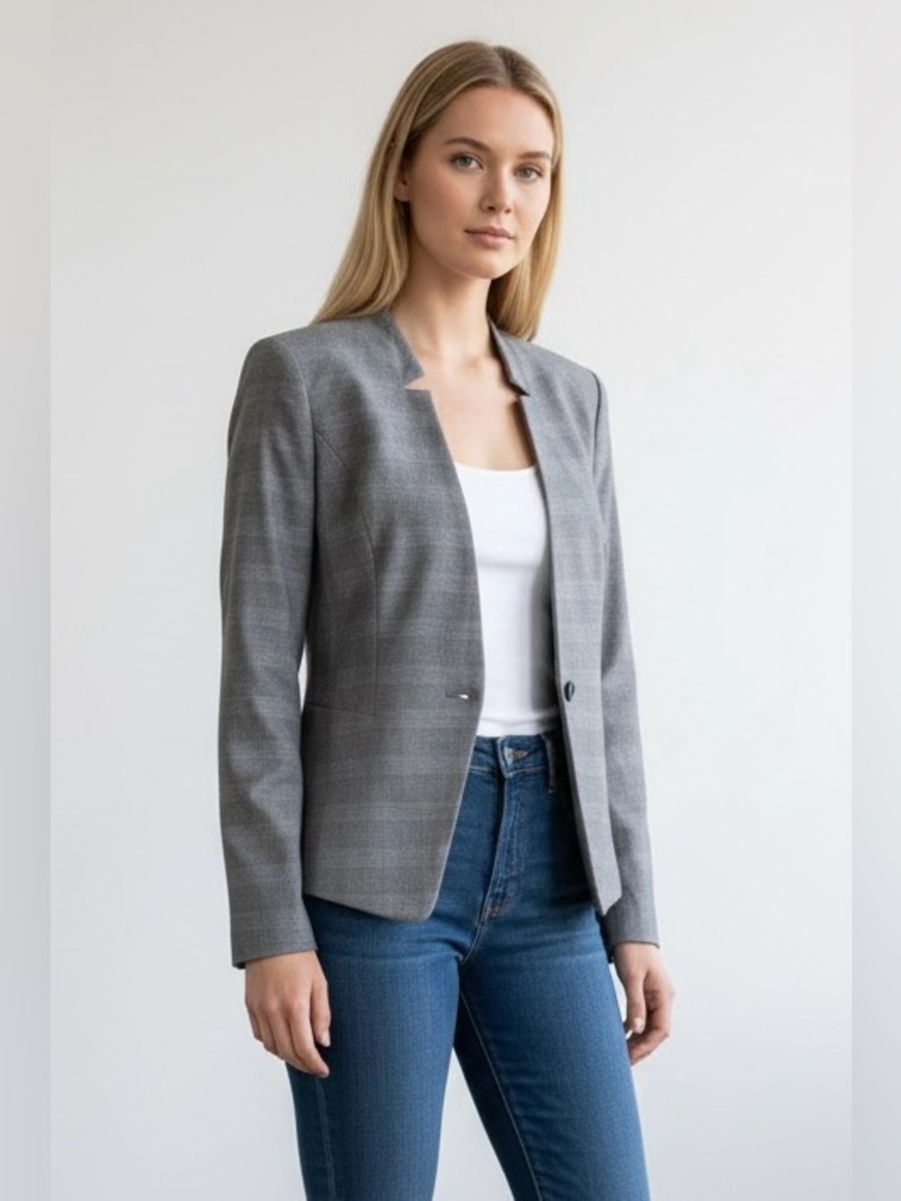 Ann Taylor Factory Gray Plaid Single-Button Blazer Open Front Collarless Size 6